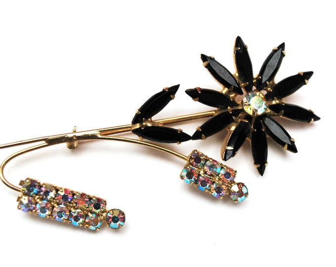 Rhinestone Flower Brooch - black facet crystals petals - Aurora borealis - Floral pin