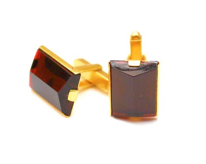 Red Lucite cuff link -gold metal - Mid century - Rectangle plastic - Mens cufflinks