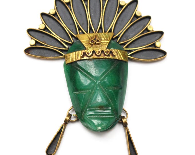 Green Onyx Mask Necklace - Signed Mexico -Brass- Tribal Aztec - Carved gemstone gemstone - Boho Face head dress pendant