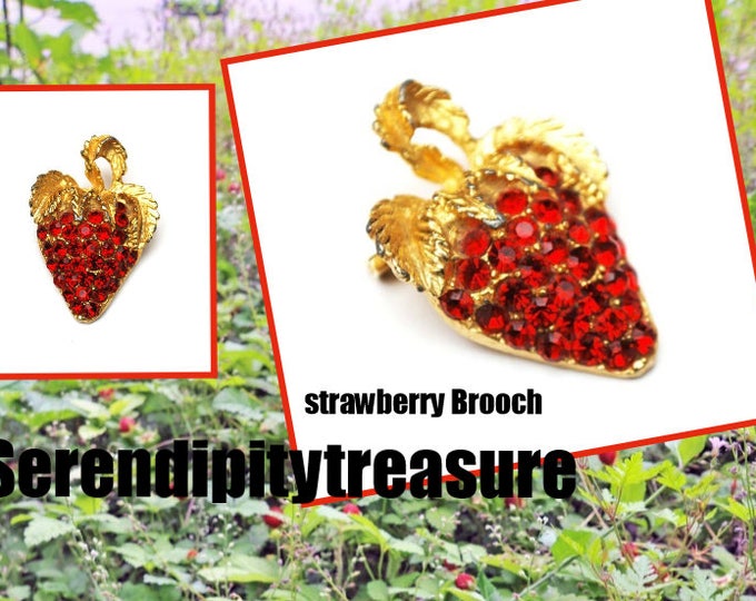 Red Strawberry Brooch - Rhinestone - gold -fruit pin