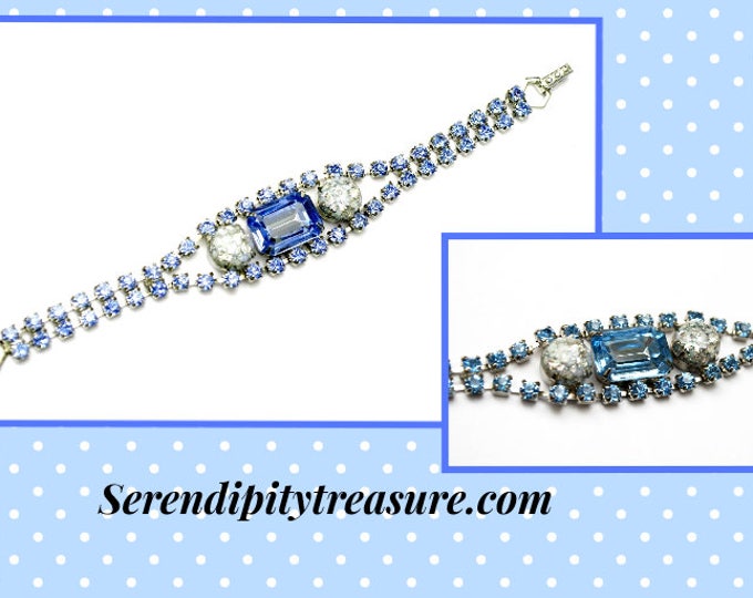 Light Blue Rhinestone Bracelet - white confetti Lucite - silver setting - Mid Century