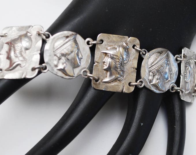 Sterling Panel bracelet - roman greek profile Head - Cameo - Pegasus - repousse silver -story telling bracelet