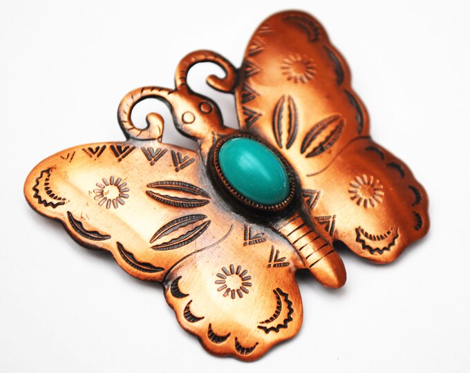 Copper Butterfly brooch- Signed Solid Copper -Turquoise cabochon - Insect figurine pin