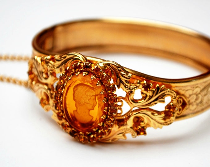 Intagio Cameo - Amber yellow orange glass - Reposse Gold Bangle - Victorian Revival - vintage gold plated Hinged bracelet - safety chain