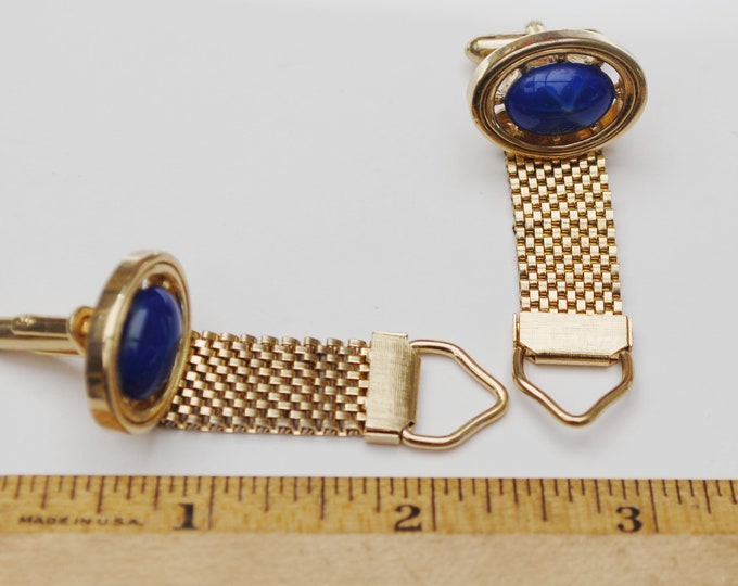 Blue Star Sapphire Glass Cufflinks - Blue glass Cabochon - fold over gold wrap mesh metal