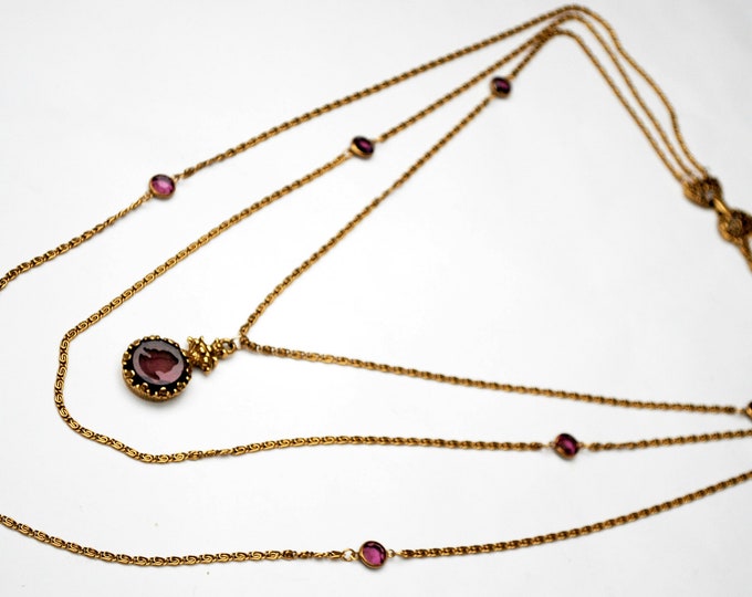 Purple Cameo Goldette necklace multi gold chain -violet carved intaglio glass - Caged crystal - Victorian Revival