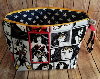 UnRaveled Bag Made With Wonder Woman Fabric Large Project Bag Wet Bag Knitting Crochet Zippered Toiletry Makeup Bag