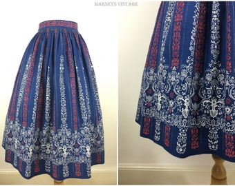 Vintage 1950s Skirt - 50s Cotton Blue Patterned Swing Skirt - Full Swing Midi Circle Skirt - Medium - UK 12 / US 8 / EU 40
