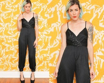 Black Jumpsuit // Disco Pantsuit Romper // 1980s Silver Glitter Sparkle Tank Top Jumper Nylon Size Small