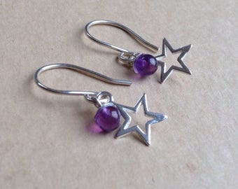 Star Dangle Earrings, Star Earrings, Amethyst Dangle Earrings, Amethyst Earrings, Drop Earrings, Dangle Earrings, Open Star Earrings