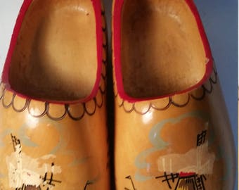 Vintage Wooden Shoes 1950's Wood Clogs Size 8 Decorative Dutch Wall Hanging Souvenir of Holland Painted Windmill Design 50's Painted Clogs