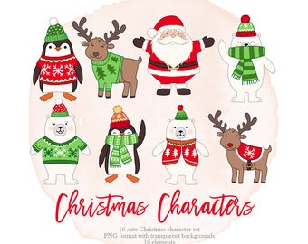 Christmas Clip Art, Cute Characters Christmas Set, Digital Clip Art, Christmas clipart, Commercial use, Rudolf, Santa, Father Christmas