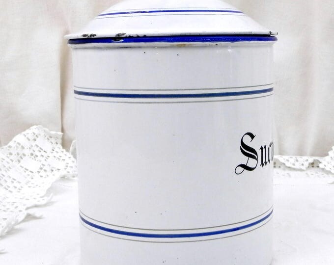 Large Antique French Lidded Sugar Canister with Handle, Made by E.P.G.O in France White Enamelware Pot with Lid and Blue Bands, Cookware Large Antique French Lidded Sugar Canister with Handle, Made by E.P.G.O in France White Enamelware Pot with Lid and Blue Bands, Cookware