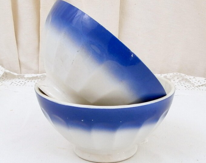 2 Antique Large Blue and White Coffee Bowls with Scalloped Sides from France, French Farmhouse Ceramic Café au Lait Bowl, Country Latte Bowl 2 Antique Large Blue and White Coffee Bowls with Scalloped Sides from France, French Farmhouse Ceramic Café au Lait Bowl, Country Latte Bowl