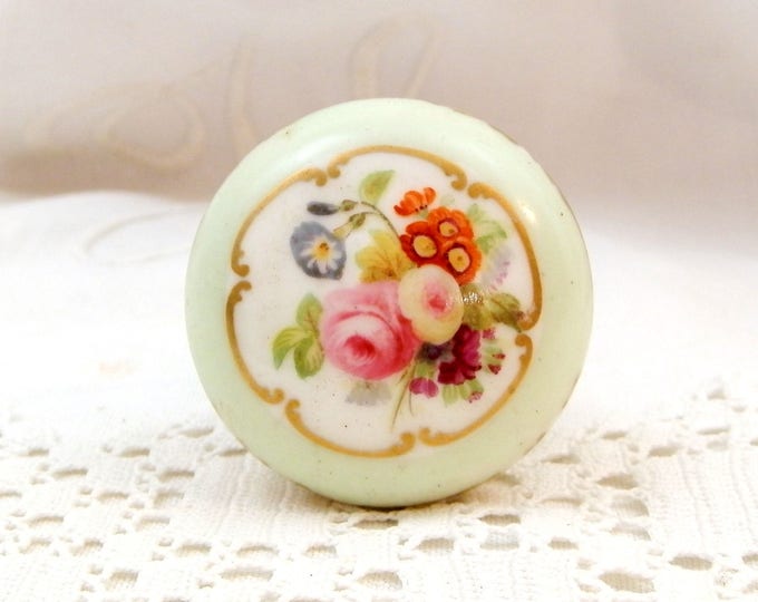 Vintage White Porcelain and Brass Hand Painted Floral Pattern with Mint Green and Gold Gilt Boarder Furniture Pull Handle / Knob