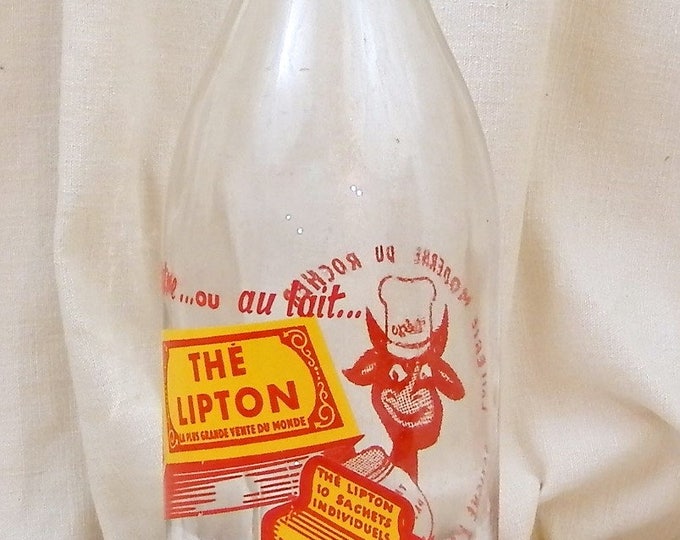 Vintage 1950s French Milk Bottle from a Dairy near Le Mans Advertising Lipton Tea in Orange and Red 1 L, 1960 Retro Kitchen, Cow And Yogurt Vintage 1950s French Milk Bottle from a Dairy near Le Mans Advertising Lipton Tea in Orange and Red 1 L, 1960 Retro Kitchen, Cow And Yogurt