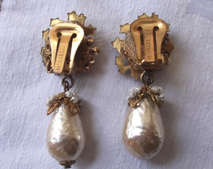 Miriam Haskell Baroque Pearl Earrings, Vintage Clip Earrings, Seed Pearls and Rose Montees