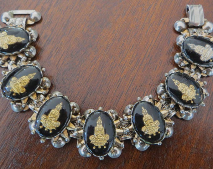 Siam Bracelet, Niello Bookchain Bracelet, Under Glass Intaglio Goddess, Vintage Spiritual Jewelry