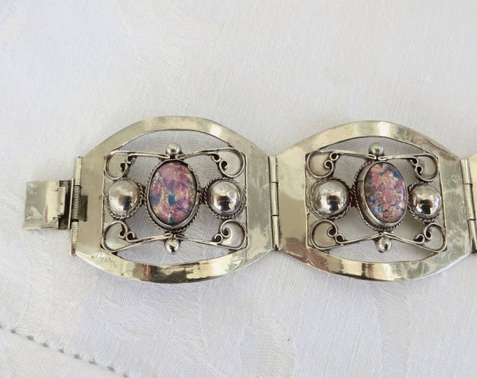 Sterling Fire Opal Bracelet, Artisan Handcrafted Mexico, Vintage Ornate Mexico Silver Bracelet, Signed