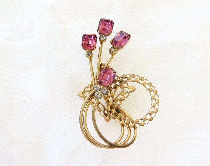 Rhinestone Brooch Pendant, Emerald Cut Pink Stones, Lacy Filigree, Vintage Delicate Pin