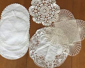 9 Beautiful Vintage White Crocheted And Linen and Lace Doilies - All in Beautiful Condition
