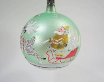 Vintage Christmas Ornament, Large Glass Mercury Ornament, Green 3 1/2" Hand Painted Santa Reindeer Holiday Decor, Made Poland, Free Ship