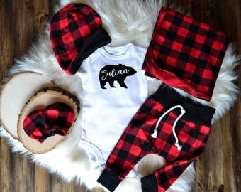 Baby Boy Coming Home Outfit, Christmas: CHOOSE YOUR COMBO Personalized Bear Bodysuit, Buffalo Plaid Harem Pants, Slouchy Hat, Swaddle, Mitts