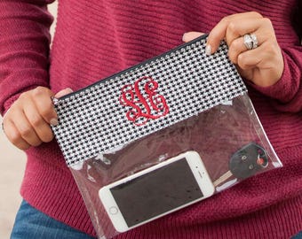 Monogrammed Clear Stadium Bag Zipper Zip Pouch Clutch Cosmetic Game Day Purse Strap