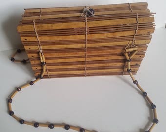 Wooden slat purse - vintage 1970's shoulder bag, lightweight wood purse with long straps.