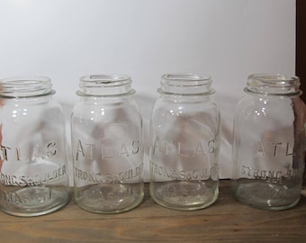 Rustic canning quart size jars; 4 Atlas Jars; Strong Shoulder Mason Jars