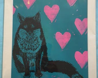 Fox and Heart, Hand-pulled lino block print
