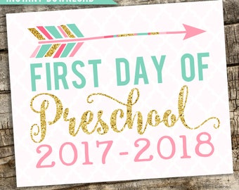 First Day of Preschool 2017-2018 Photo Prop Pink and Gold, First Day Preschool , 1st Day School, First Day Preschool, Preschool Sign, 8"x10"