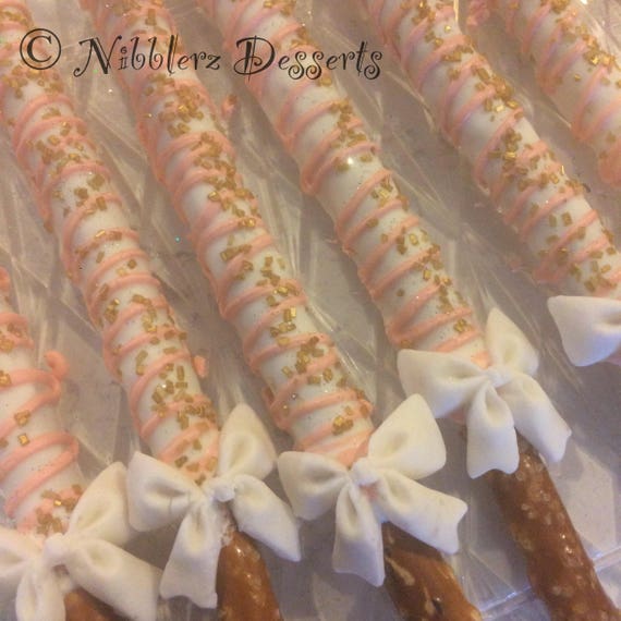12 ROSE GOLD (peach) and white bow chocolate pretzel rods, bridal
