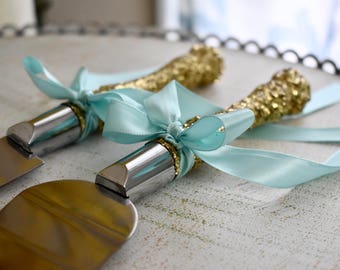 Cake Cutter Set- FREE shipping Blush or Champagne & Gold glitter, wedding cake server, cake knife, cake topper, wedding decorations,