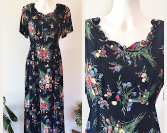90's Floral Midi Dress - Vintage Short Sleeve Dress - Hippie Dress - Festival Dress - Vintage Dress - Floral Dress - Navy Dress - Rene Derhy