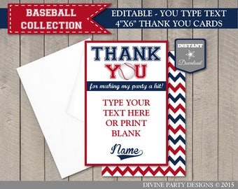 INSTANT DOWNLOAD Baseball Editable 4x6 Thank You Cards / You Type Text / Birthday Party / Baby Shower / Baseball Collection / Item #911