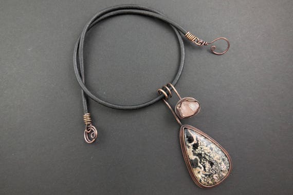 Flower obsidian stone pendant-pink quartz pendant-copper