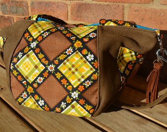 Bucket Tote. Tote Bag. Brown Leather and Vintage Fabric.