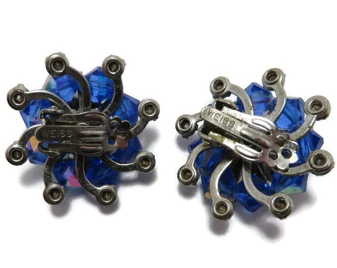 Weiss Royal Blue Rhinestone Earrings, Vintage AB Rhinestone Clip-on Earrings, Signed Weiss Jewelry
