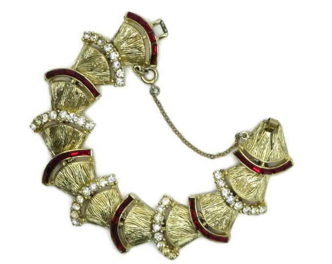 Coro Rhinestone Bracelet, Goldtone Link Bracelet, Red Baguette Bracelet, Fan Bracelet, Vintage Coro Pegasus Bracelet, FREE SHIPPING
