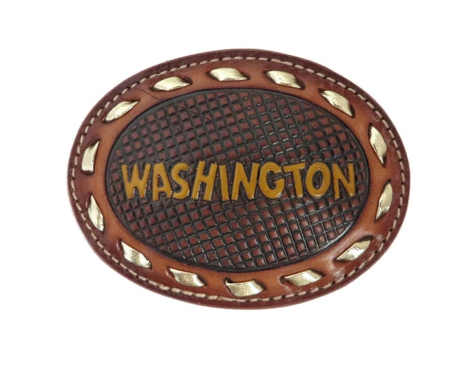 Washington Belt Buckle, Vintage Leather Tooled Buckle, Washington State Souvenir, Texas Western Leather