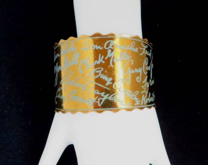 Vintage Autograph Bracelet, Gold Tone Movie Star Autographs Cuff, Movie Lovers Classic Movie Star Bracelet