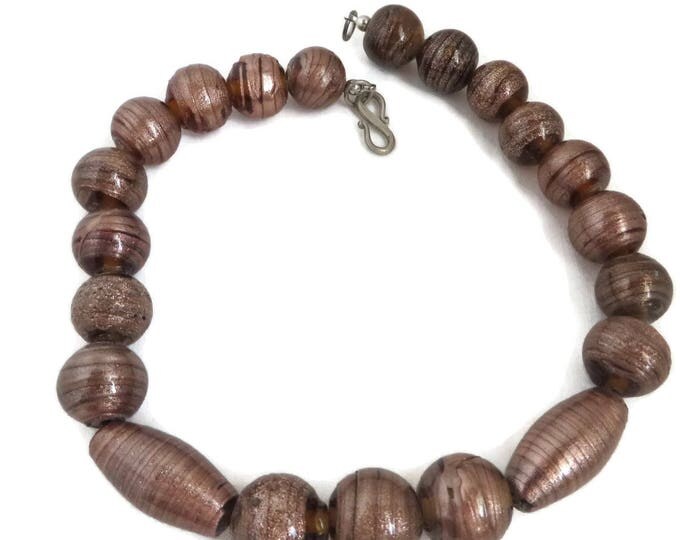 Frosted Glass Necklace, Vintage Cocoa Brown Beaded Glass Choker, Gift for Her, Gift Boxed