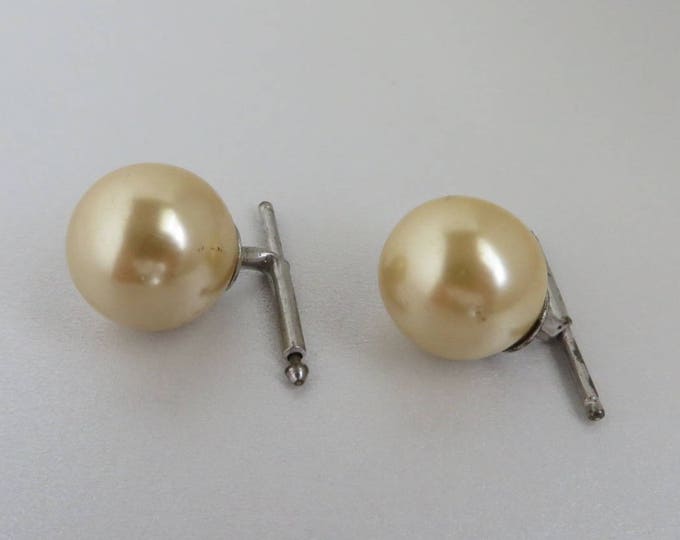 Faux Pearl Springback Cufflinks, Vintage Unisex Cuff Links, Suit Accessory, Gift