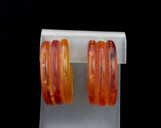 Amber Lucite Hoops, Vintage 1950s Golden Brown Clip-on Earrings