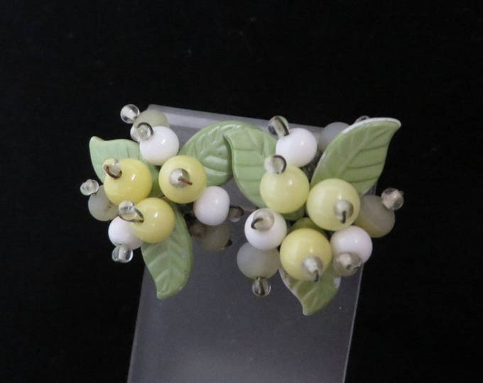 Multicolor Flower Vintage Earrings, 1950s Green Yellow White Clip-on Earrings