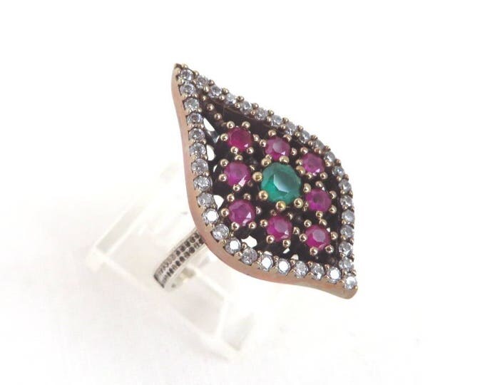 Vintage Ruby Silver Ring, Two Tone Sterling Silver Statement Ring, Lab Created Ruby, Emerald & CZ Ring, Size 7