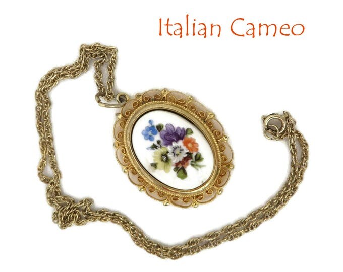Italian Cameo Pendant, Vintage Porcelain Oval Flower, Gold Tone Pendant Necklace, Gift for Her