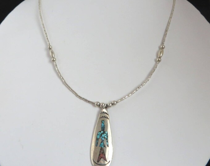 Navajo Silver Pendant Necklace | Vintage Signed Delvin Nelson Jewelry | Turquoise Coral Chip Inlay Pendant Necklace