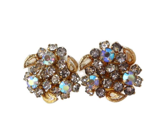 Rhinestone Bridal Earrings - Vintage Rhinestone Gold Tone Flower Clip-ons, Gift for Her, Gift Boxed